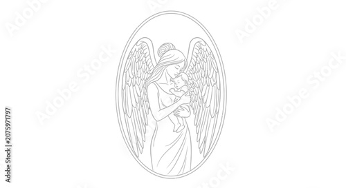 angel holding flower, oval frame