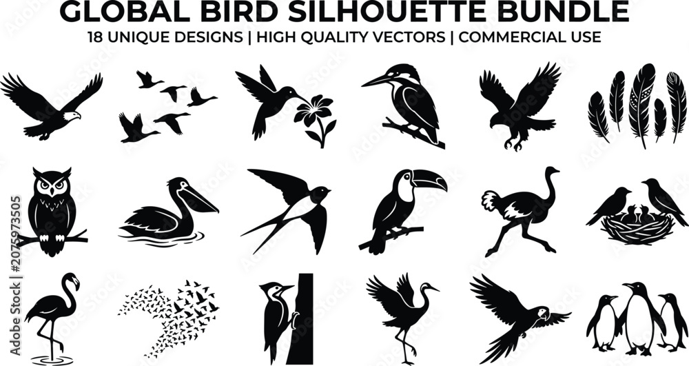 Obraz premium Set of eighteen high quality bird silhouettes featuring various species in different poses for commercial graphic design projects
