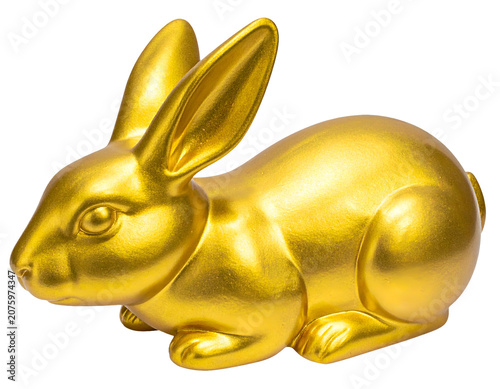 Golden rabbit figurine with metallic shiny surface, cute bunny animal sculpture, luxury decorative ornament on isolated background