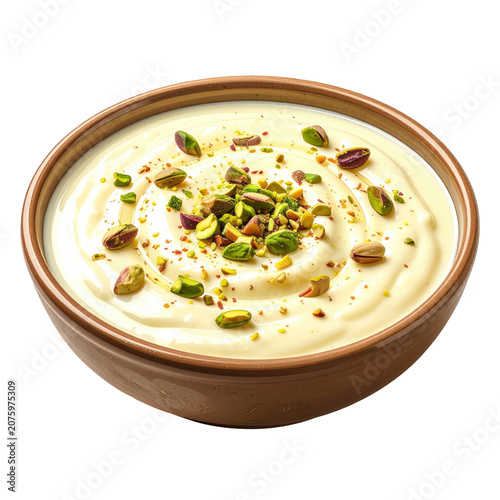 A creamy, yellow-beige dessert in a brown bowl, sprinkled with chopped green nuts