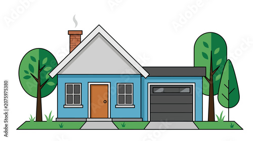 Small blue house with garage and trees vector illustration
