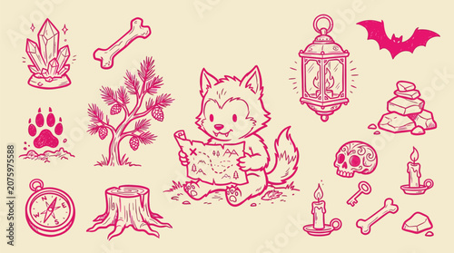 Fotografie Cute cartoon wolf cub adventurer holding a treasure map surrounded by adventure elements