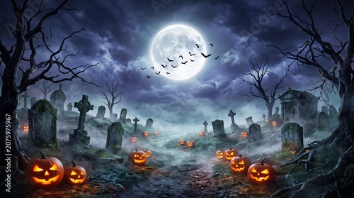 Moonlit Graveyard with Pumpkins and Bats for Halloween