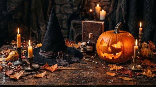 Spooky Witch Hat and Pumpkin Halloween Still Life