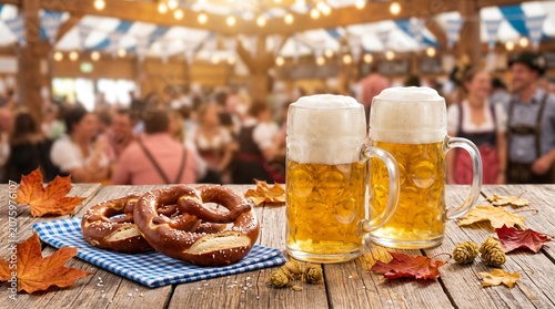 Oktoberfest Beer Mugs with Pretzels and Autumn Leaves