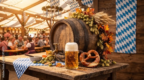 Oktoberfest Beer Barrel with Stein and Autumn Decorations
