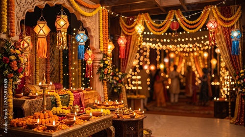 Festive Diwali Lanterns with Diyas and Marigold Flowers