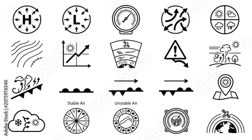 Quadro su tela Meteorological data analysis and weather mapping icon set with meteorology analy