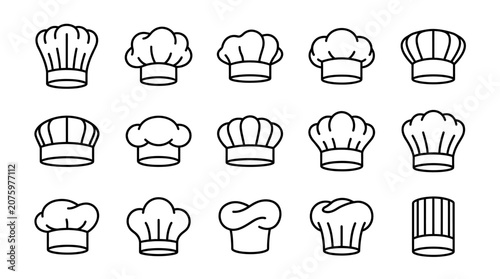 Set of black and white chef hats and kitchen hats different styles