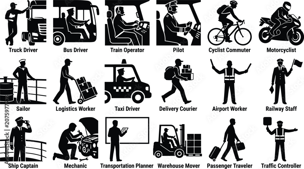 Obraz premium Set of transportation and logistics icons featuring various professional drivers, workers, and travelers in silhouette style, image_30a3ce.png.