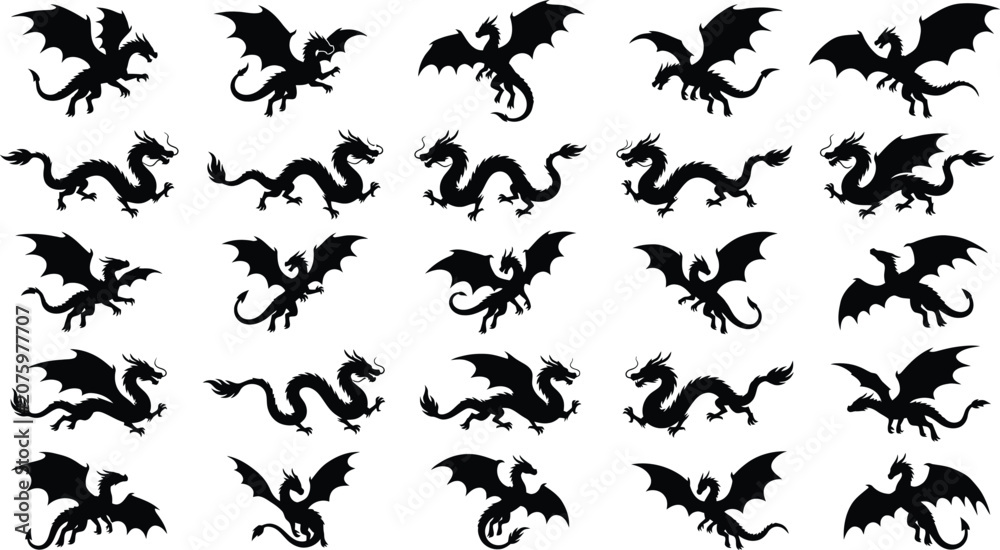 Fototapeta premium Black dragon silhouettes, 20 different on white background, dragons mythical creatures