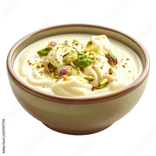 Creamy dessert with pistachios in a beige bowl against black. Close-up photo, focus on food