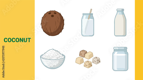 Fotografía A collection of coconut and various coconut products on a table indoors