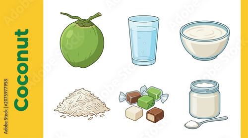 Foto Fresh coconut with ingredients on a table indoors