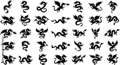 Φωτογραφία Black dragon silhouettes, 28 mythical creatures on white background, dragons