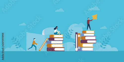 People Climbing Stacks Of Books Flat Vector Illustration