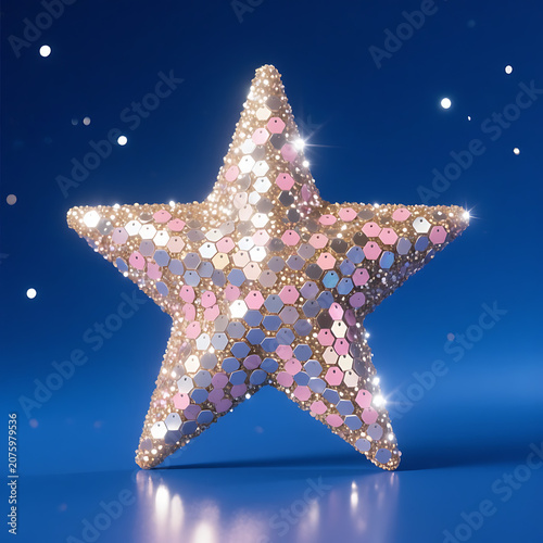 Sparkling festive star ornament with sequins and bokeh on blue background.