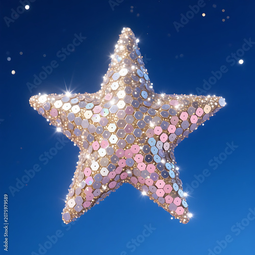 Sparkling festive star ornament with sequins and bokeh floating on blue.