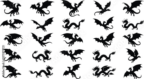 Foto Black silhouettes of 24 mythical dragons in various poses, flying and standing,