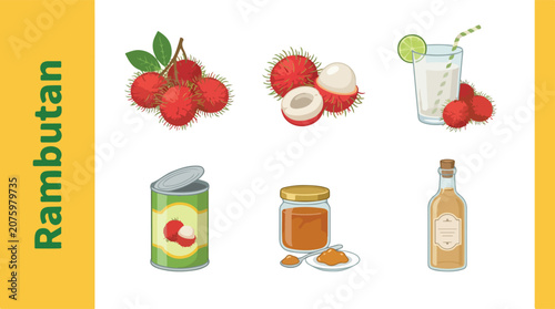 Картината върху платно Fresh Rambutan fruits and various products on a table