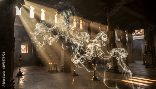 Thick smoke of incense filling the air inside a Hindu temple during Bonalu festival celebration, illustrating a spiritual prayer concept with dramatic sunbeams