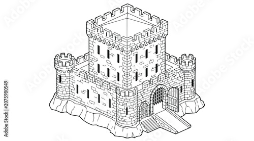 Isometric Medieval Castle Line Art Illustration for Coloring