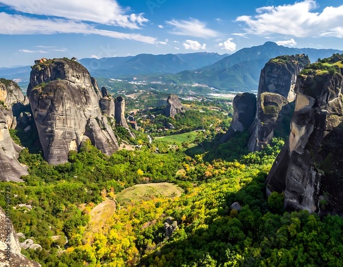 A breathtaking landscape of towering rock formations and lush greenery
