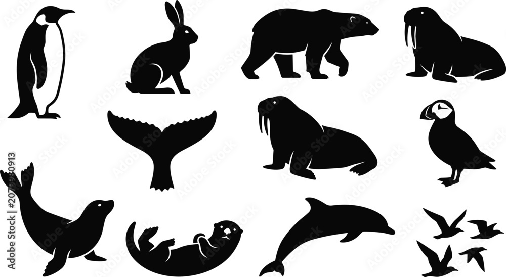 Obraz premium Arctic and Antarctic Polar Wildlife Silhouette Icon Set Featuring Penguin Polar Bear Walrus Seal Whale Tail Otter and Sea Birds Graphic Elements 