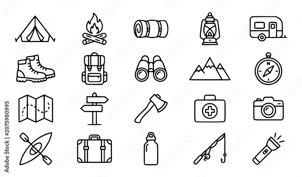 Fototapeta premium Travel and outdoor line icon set vector illustration EPS 10