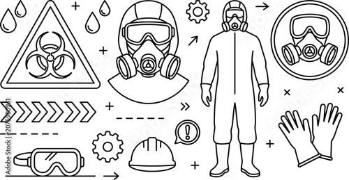 Biohazard protection and hazmat personal protective equipment vector icon set featuring respirators gloves and warning signs