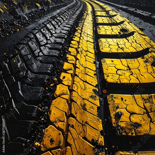 A close-up of a cracked yellow road with tire tracks