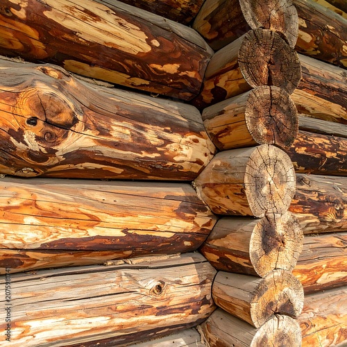 A close-up of a rustic wooden log cabin corner