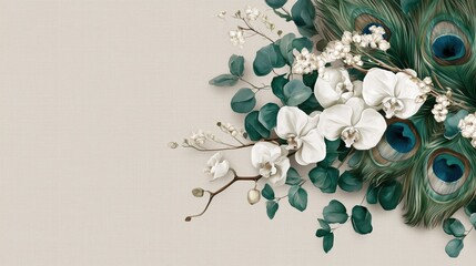 Elegant White Orchid and Emerald Peacock Feather Floral Border on Soft Beige Background with Luxury Copy Space