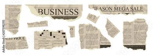 Quadro su tela Vintage torn newspaper note pieces set featuring jagged rip edge effect