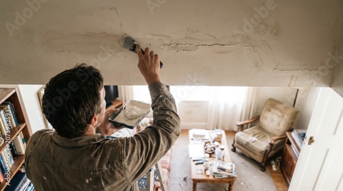 Professional Handyman or DIYer Repairing and Plastering a Damaged Cracked Ceiling in a Living Room