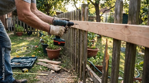 Man Using Cordless Power Drill to Repair or Build a Wooden Fence in a Sunny Backyard Garden