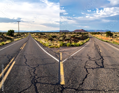 A cracked desert road splits into two paths