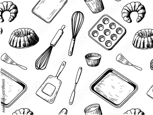 Photos Seamless pattern of hand-drawn baking tools and pastries including whisks, muffi