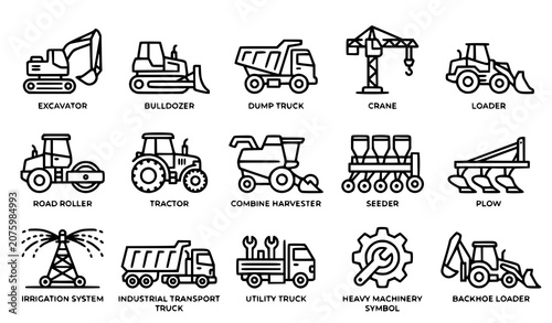 Obraz na plátně Construction vehicles and agricultural machinery vector icon set