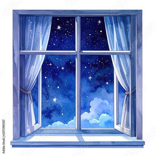 Watercolor painting of a window overlooking a starry night sky with flowing curtains and clouds