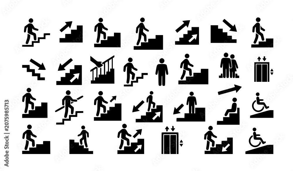 Fototapeta premium Stairs Direction Vector Icon Collection with Up and Down Person Symbols