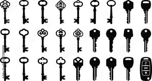 Fotografie Collection of various keys, including antique and modern styles, on white backgr