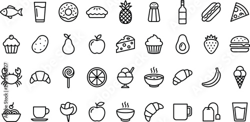 Schilderij op canvas Grocery food and bakery restaurant line icon set featuring fruit dessert beverag