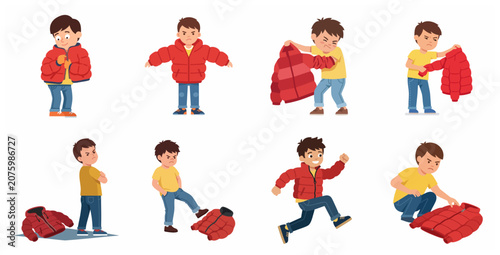 фотографія Cartoon boy character set showing different emotions while putting on or refusin