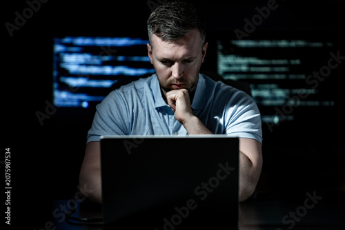 Hacker works on programming and coding. Hacker analyzes digital system vulnerabilities. Hacker monitors secure network infrastructure. Hacker attempts unauthorized system access.