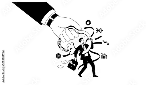 Foto Business Constraint Concept Vector with Tiny Businessman and Giant Hand