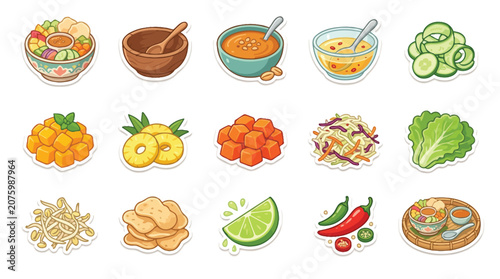 A vibrant collection of cartoon-style food stickers featuring various dishes, ingredients, and condiments like salads, sauces, fruits, vegetables, and snacks.