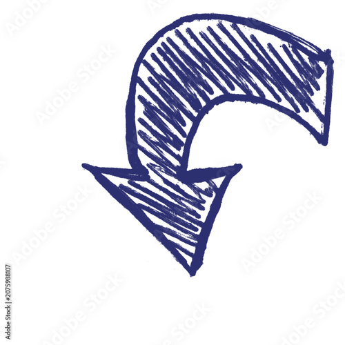 :Hand-drawn scribbled blue arrow on white background