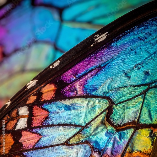A macro shot of a butterfly's wing with vibrant colors