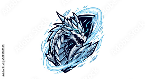 Fantasy dragon illustration with icy elements and protective shield design